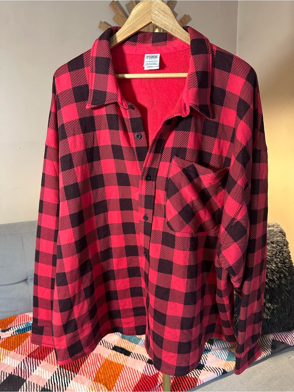 PINK Victoria's Secret Red and Black Buffalo Plaid Fleece-Lined Shacket